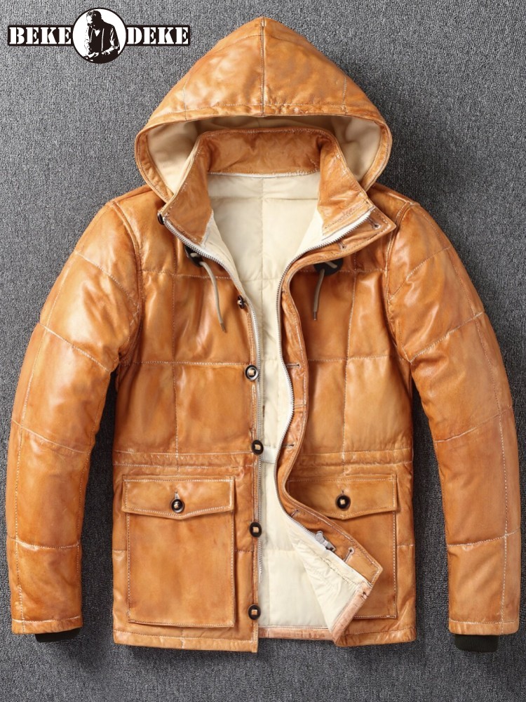 Winter Mens Sheepskin Genuine  - Leather Work Jacket With Hood ulasan dan harga