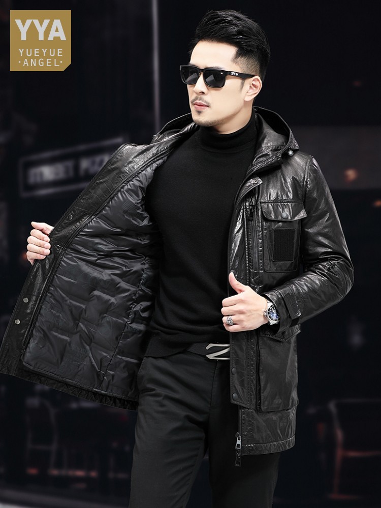 Men Winter Warm Mid Long Oil W - Leather Work Jacket With Hood ulasan dan harga