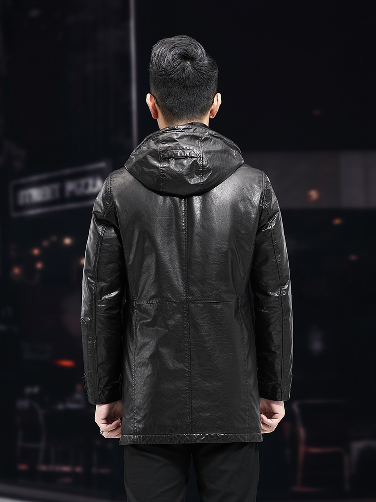 Men Winter Warm Mid Long Oil W - Leather Work Jacket With Hood ulasan dan harga