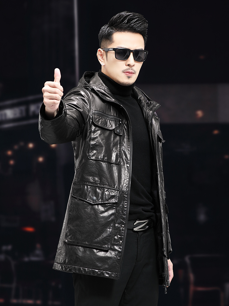 Men Winter Warm Mid Long Oil W - Leather Work Jacket With Hood ulasan dan harga