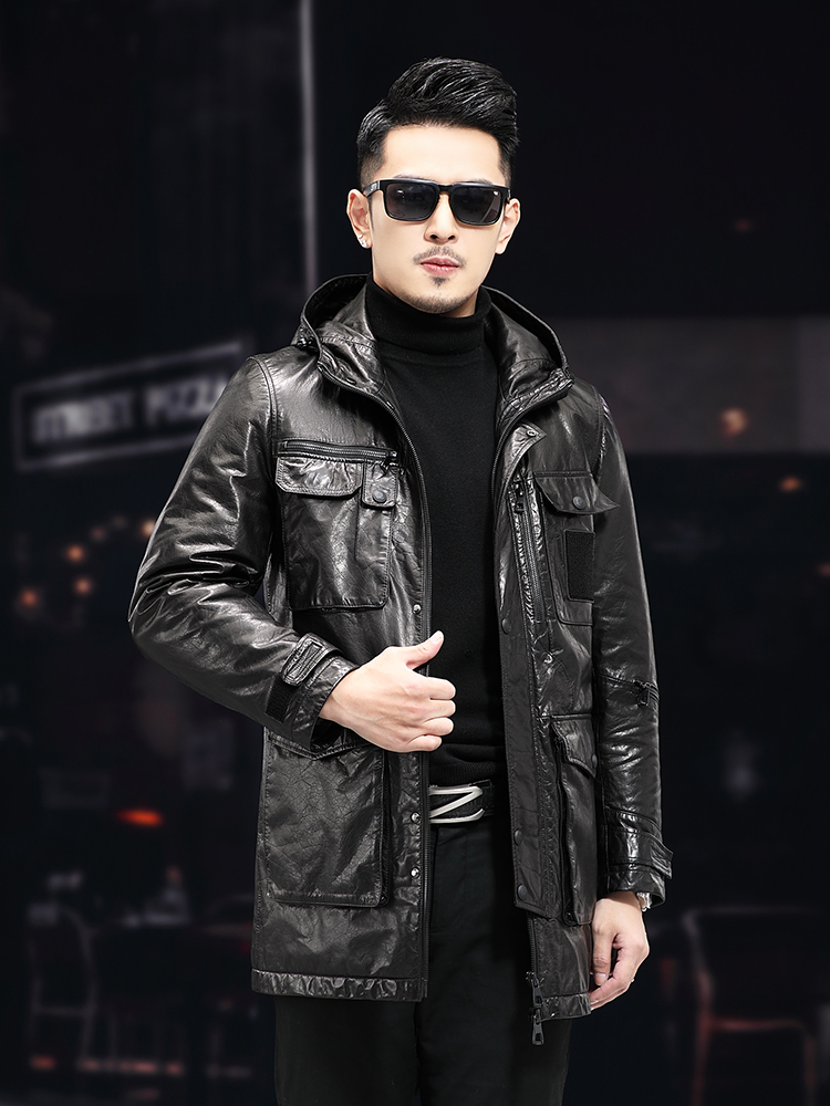 Men Winter Warm Mid Long Oil W - Leather Work Jacket With Hood ulasan dan harga