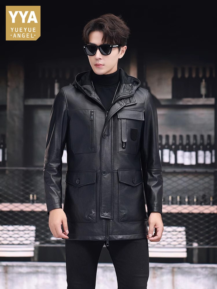 Winter Business Men Work Mid L - Leather Work Jacket With Hood ulasan dan harga