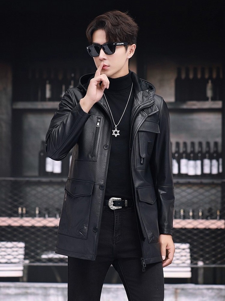 Winter Business Men Work Mid L - Leather Work Jacket With Hood ulasan dan harga