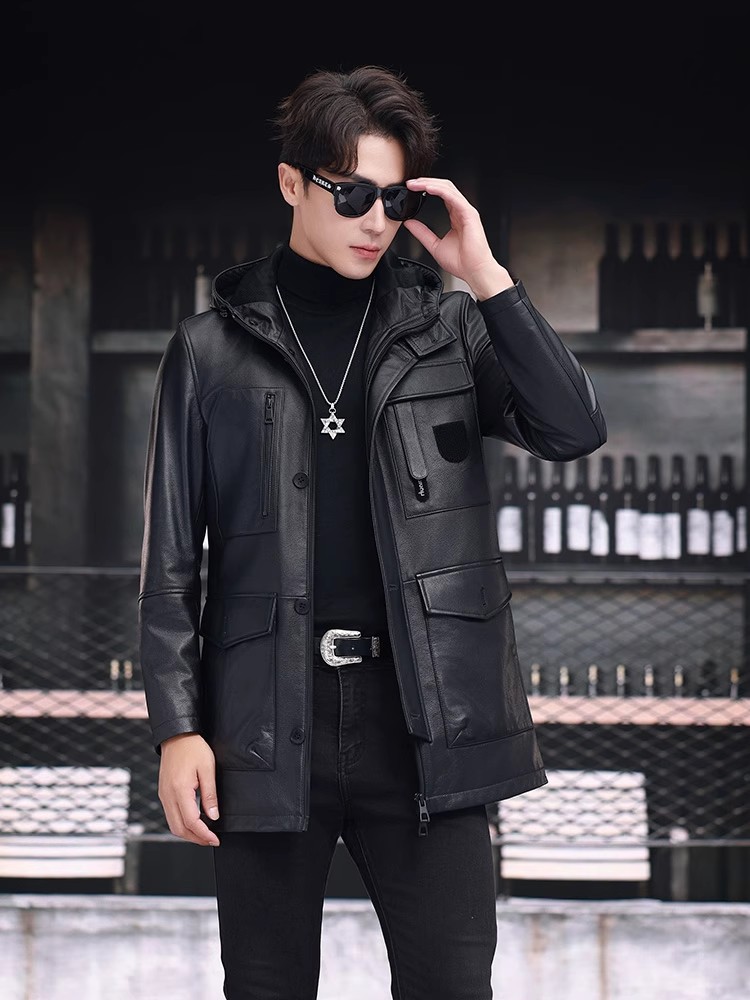 Winter Business Men Work Mid L - Leather Work Jacket With Hood ulasan dan harga