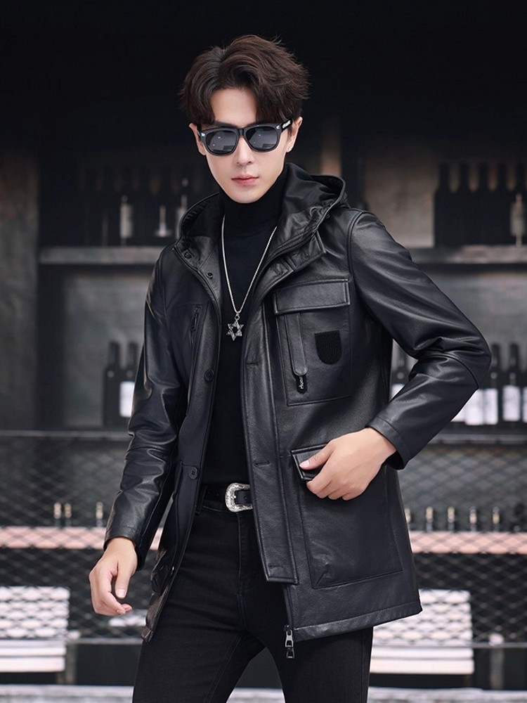 Winter Business Men Work Mid L - Leather Work Jacket With Hood ulasan dan harga