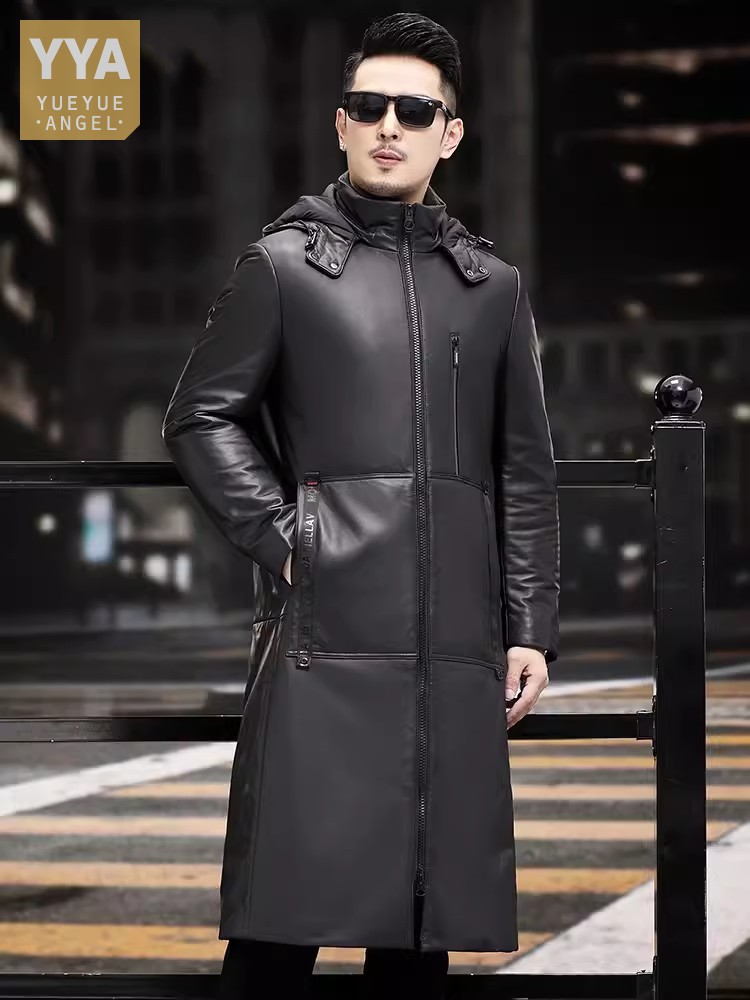 Winter Thick Warm Long Goose D - Leather Work Jacket With Hood ulasan dan harga