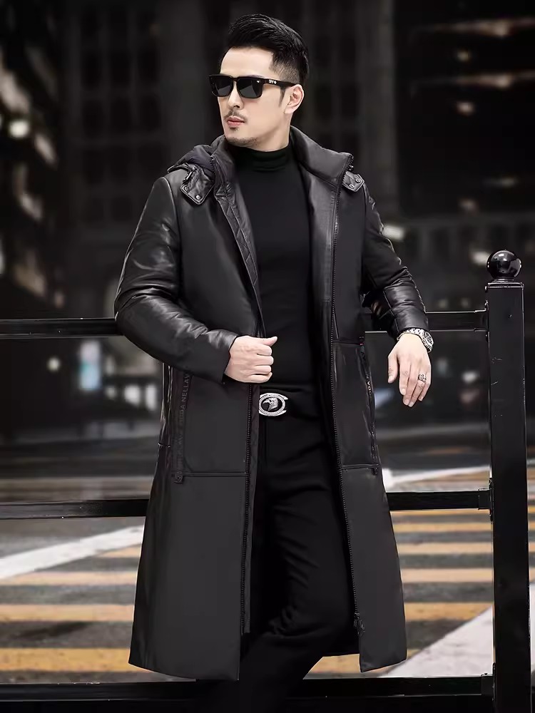 Winter Thick Warm Long Goose D - Leather Work Jacket With Hood ulasan dan harga