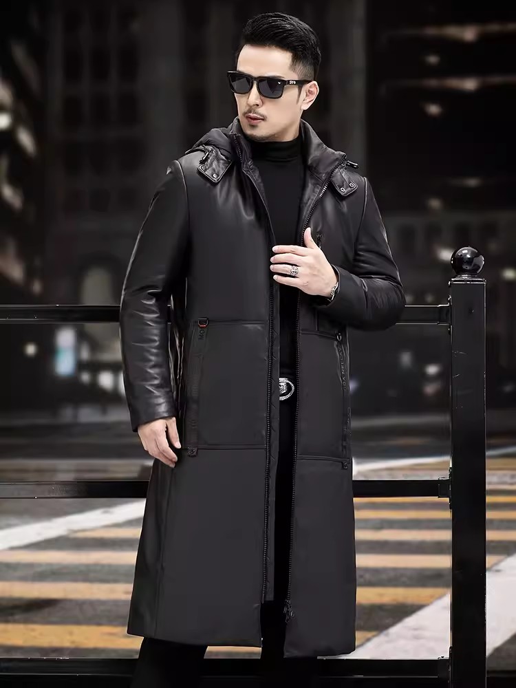 Winter Thick Warm Long Goose D - Leather Work Jacket With Hood ulasan dan harga