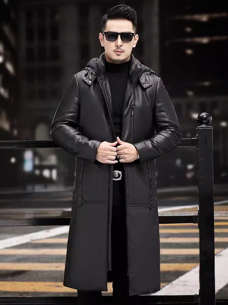 Winter Thick Warm Long Goose D - Leather Work Jacket With Hood ulasan dan harga