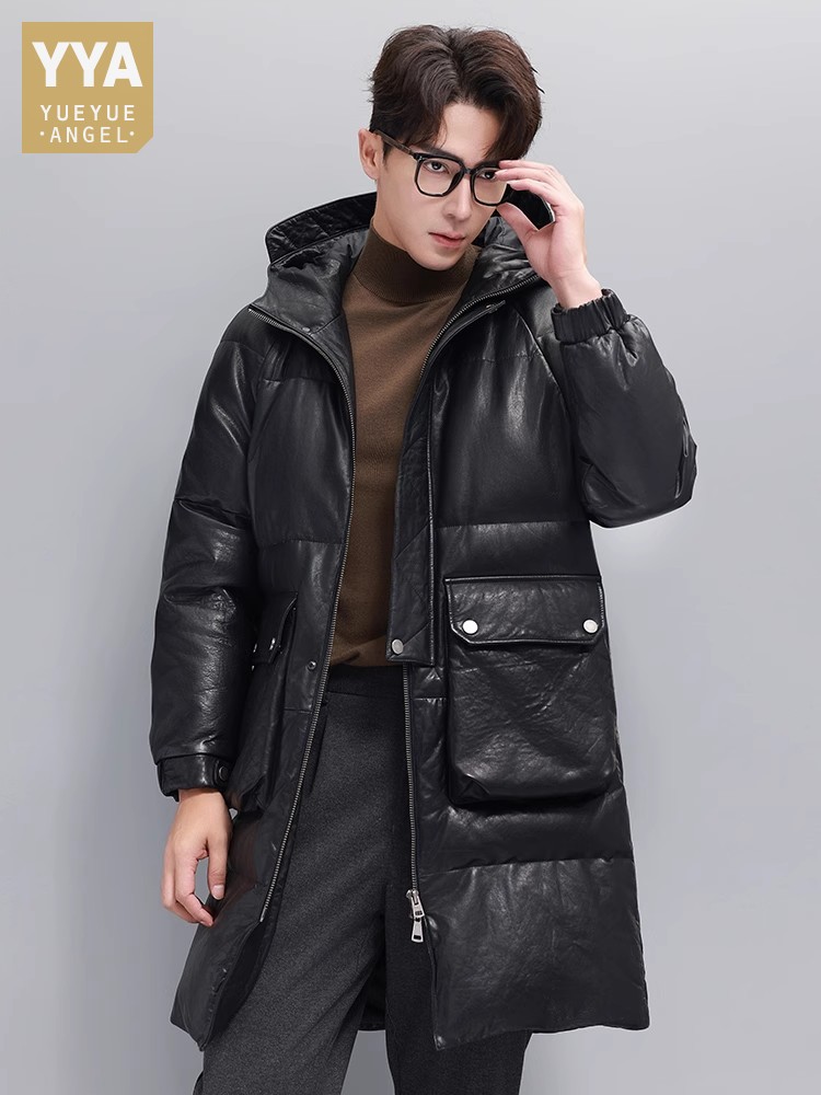 Winter Mens Warm Goose Down Ja - Leather Work Jacket With Hood ulasan dan harga