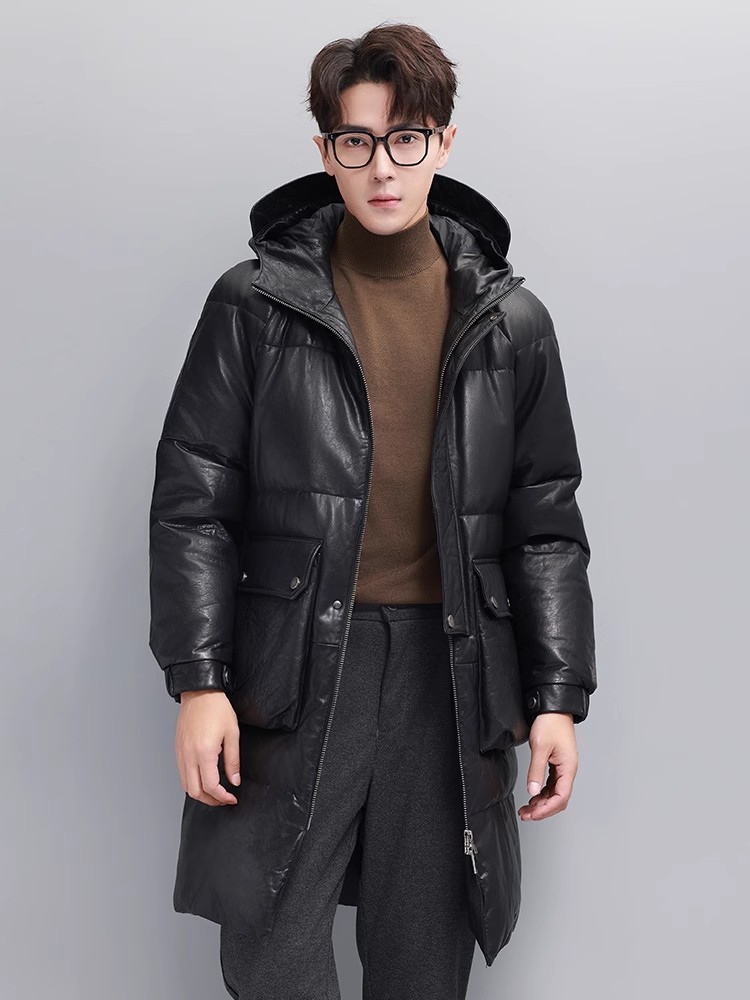 Winter Mens Warm Goose Down Ja - Leather Work Jacket With Hood ulasan dan harga