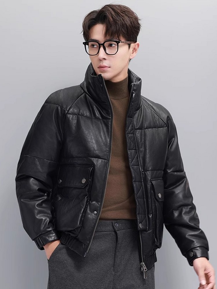 Winter Mens Warm Goose Down Ja - Leather Work Jacket With Hood ulasan dan harga