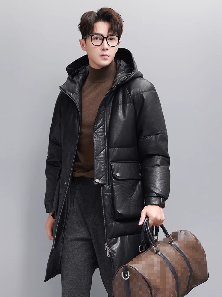 Winter Mens Warm Goose Down Ja - Leather Work Jacket With Hood ulasan dan harga