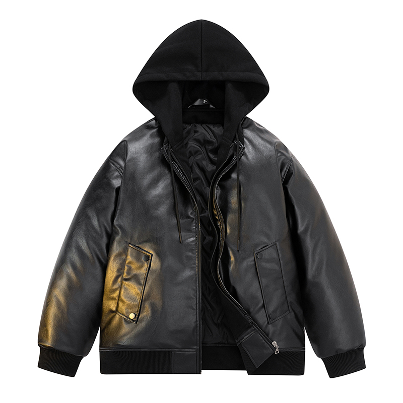 Men Down Cotton Jacket PU Leat - Leather Work Jacket With Hood ulasan dan harga