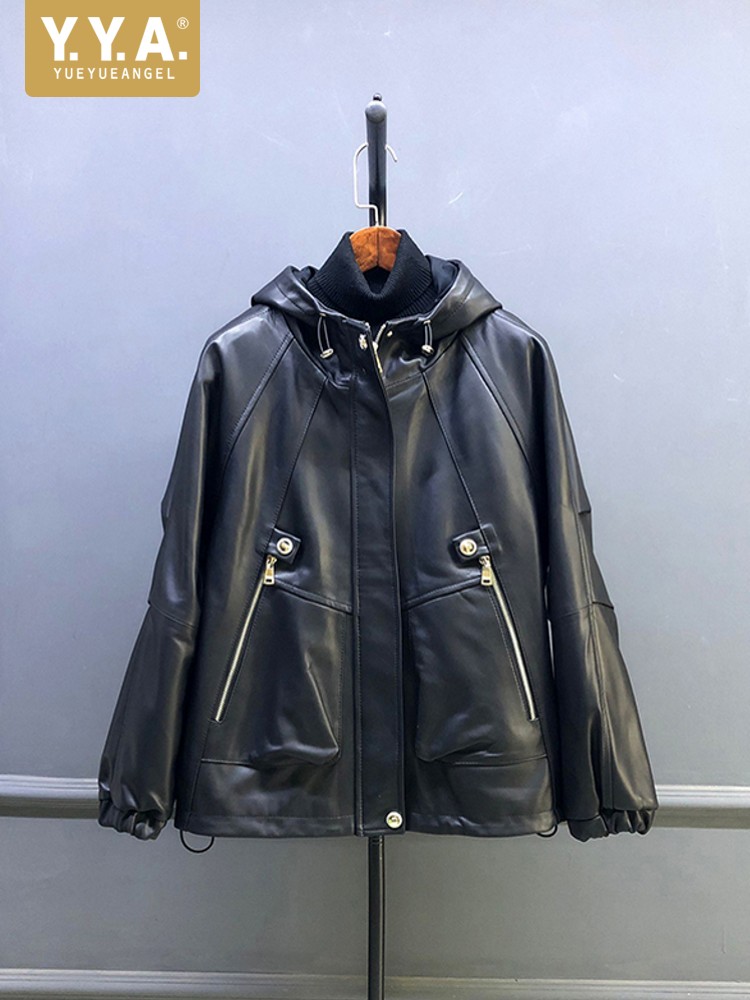 Hot Sale Autumn Women Natural  - Leather Work Jacket With Hood ulasan dan harga