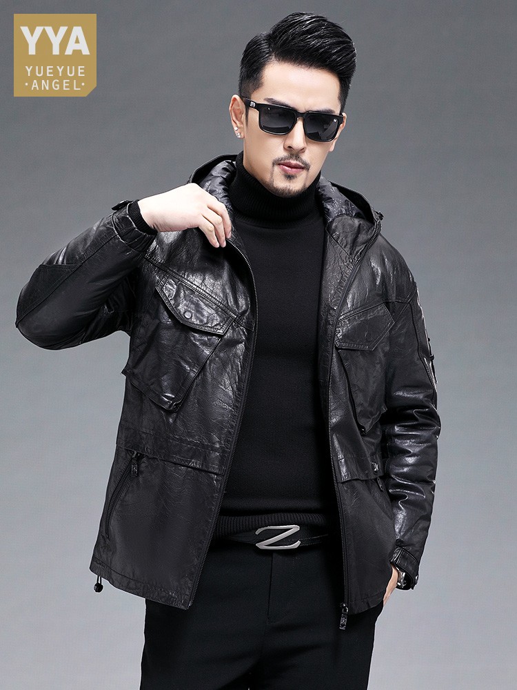 Winter Men Warm Real Goatskin  - Leather Work Jacket With Hood ulasan dan harga
