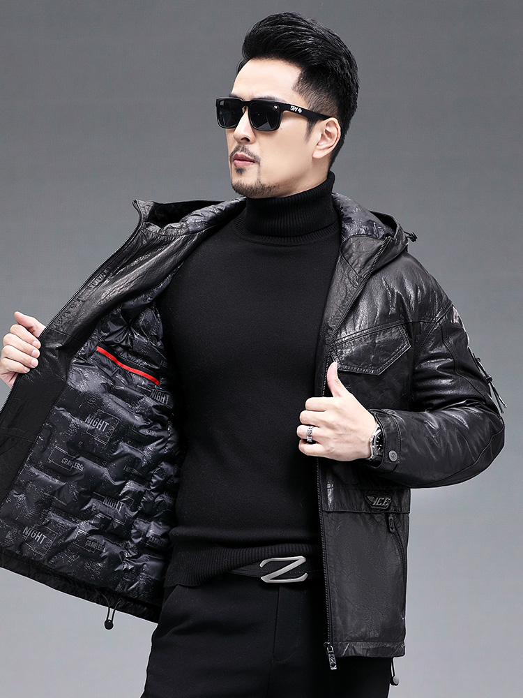 Winter Men Warm Real Goatskin  - Leather Work Jacket With Hood ulasan dan harga