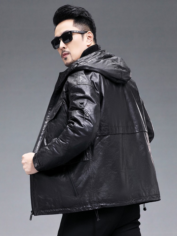 Winter Men Warm Real Goatskin  - Leather Work Jacket With Hood ulasan dan harga