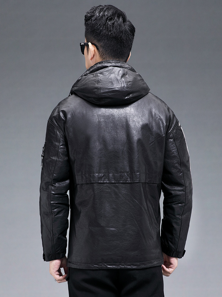 Winter Men Warm Real Goatskin  - Leather Work Jacket With Hood ulasan dan harga